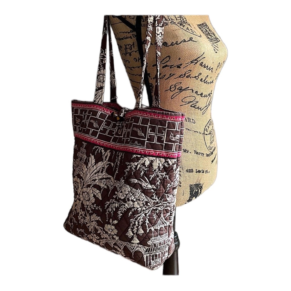 VERA BRADLEY  Large Tote in Brown Pink White Asian Inspired print with pink trim - Picture 7 of 16